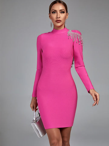 Irie Long Sleeve Bandage Rhinestone Tassel Dress - SunsetFashionLA